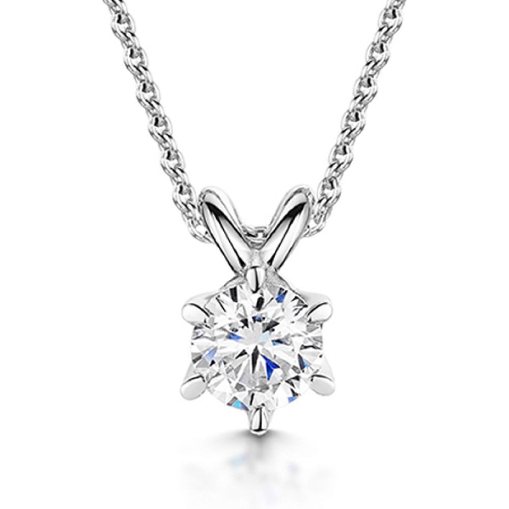 6 Claw Round Diamond Solitaire Pendant - White