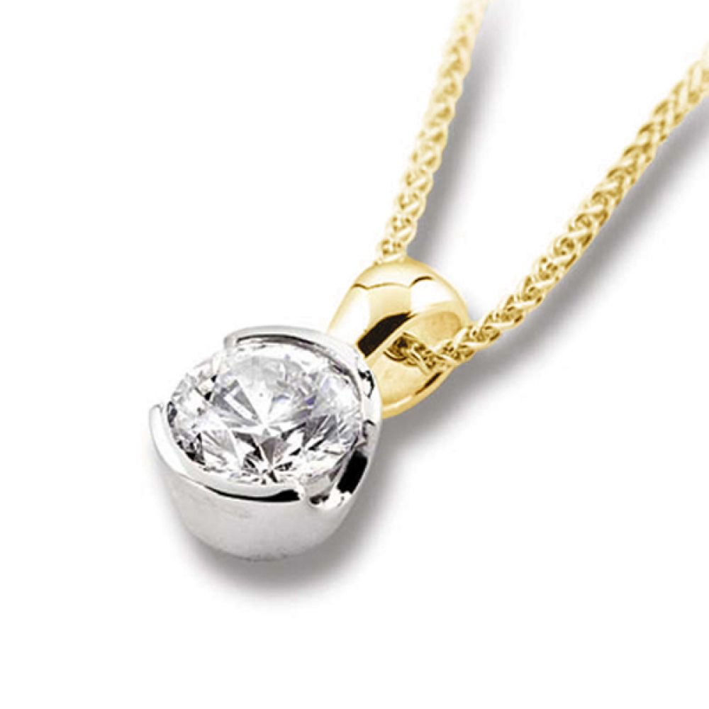 Round Diamond Solitaire Pendant Part Bezel Set-Yellow & White Gold Round Diamond Round Diamond Solitaire Pendant Part Bezel Set-Yellow & White Gold Pendant Part Bezel Set With A Yellow Gold Bail And Chain