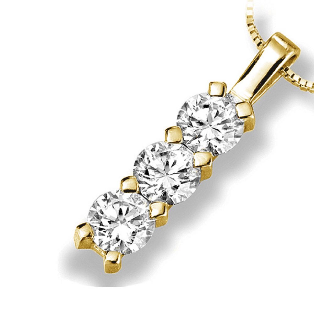 Straight 3 Stone Diamond Drop Pendant In Yellow Gold