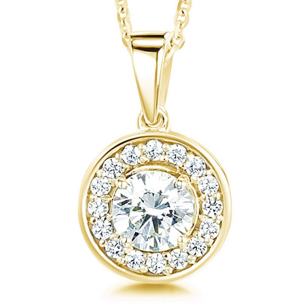 Modern Classic Round Diamond Halo Pendant In Yellow Gold