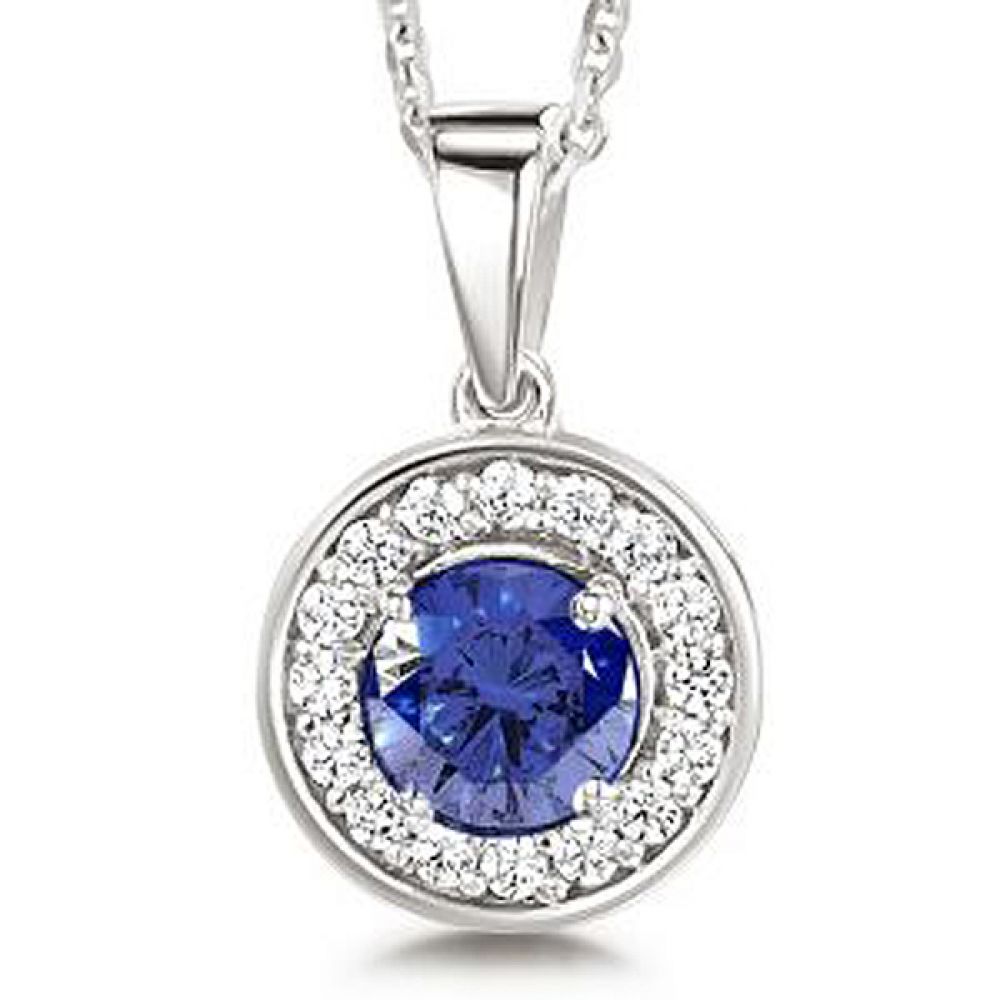 Blue Sapphire and Diamond Halo Pendant