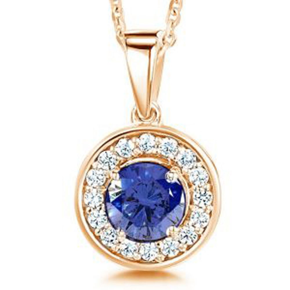 Blue Sapphire and Diamond Halo Pendant In Rose Gold Blue Sapphire and Diamond Halo Pendant In Rose Gold