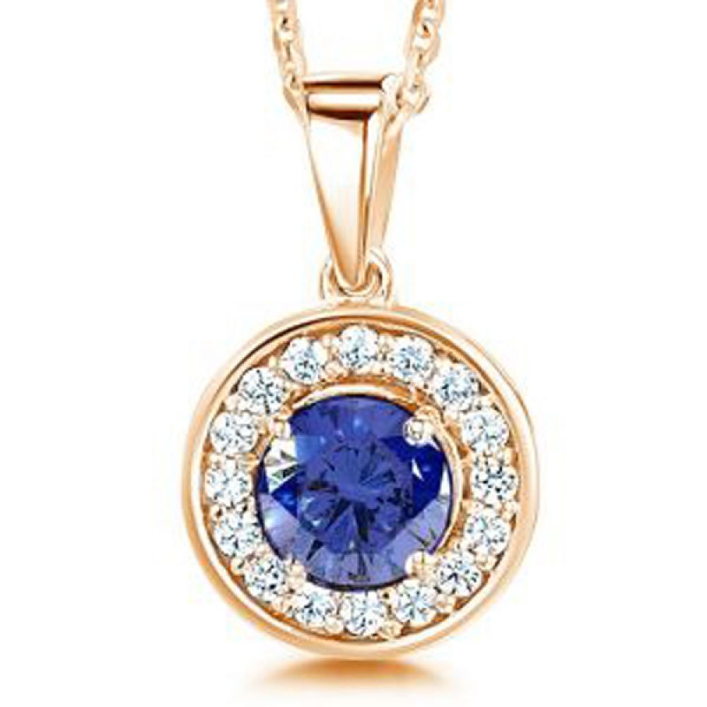 Blue Sapphire and Diamond Halo Pendant In Rose Gold