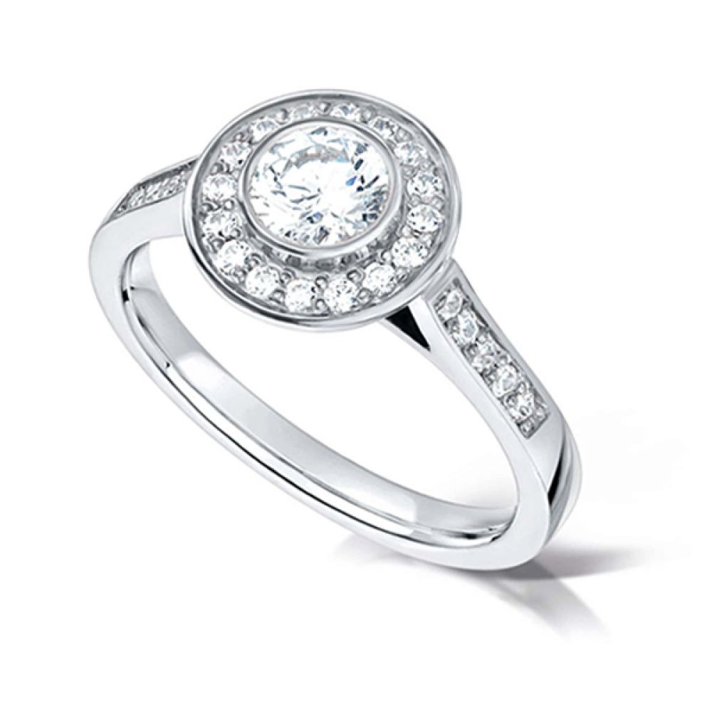 Bezel Set Diamond Halo Ring with Diamond Shoulders - Platinum Bezel Set Diamond Bezel Set Diamond Halo Ring with Diamond Shoulders - Platinum Ring with Diamond Shoulders