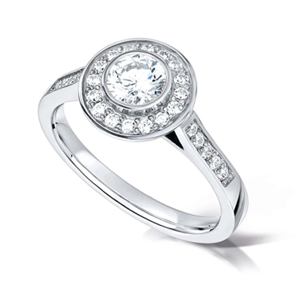 Bezel Set Diamond Bezel Set Diamond Halo Ring with Diamond Shoulders - Platinum Ring with Diamond Shoulders