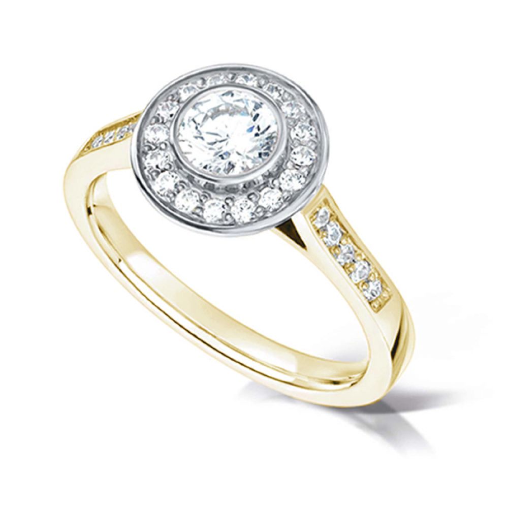 Bezel Set Diamond Halo Ring with Diamond Shoulders - Yellow Gold Bezel Set Diamond Halo Ring with Diamond Shoulders - Yellow Gold