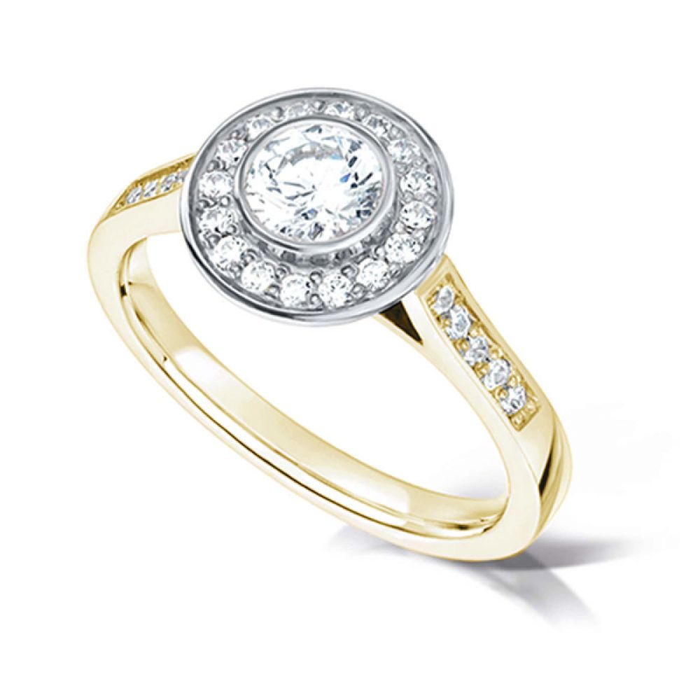 Bezel Set Diamond Halo Ring with Diamond Shoulders - Yellow Gold