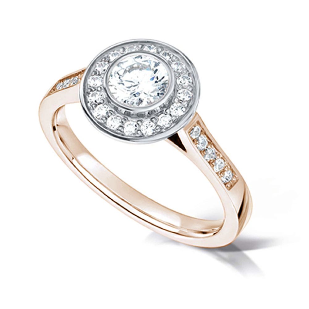 Bezel Set Diamond Halo Ring with Diamond Shoulders - Rose Gold