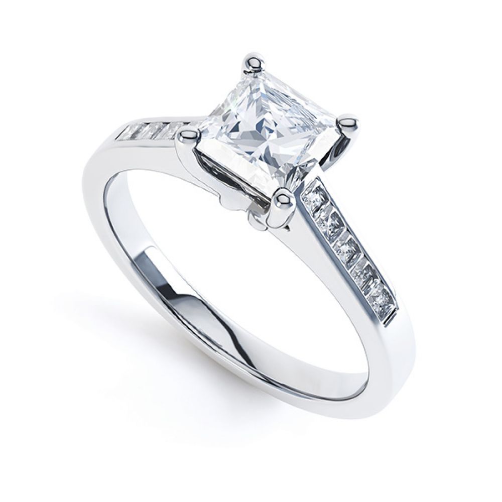 Fliss 4 claw Princess cut diamond engagement ring diamond shoulders perspective view in white gold