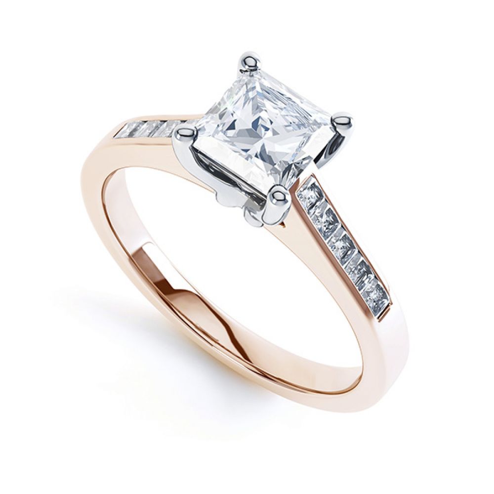 Fliss 4 claw Princess cut diamond engagement ring diamond shoulders perspective view in rose gold