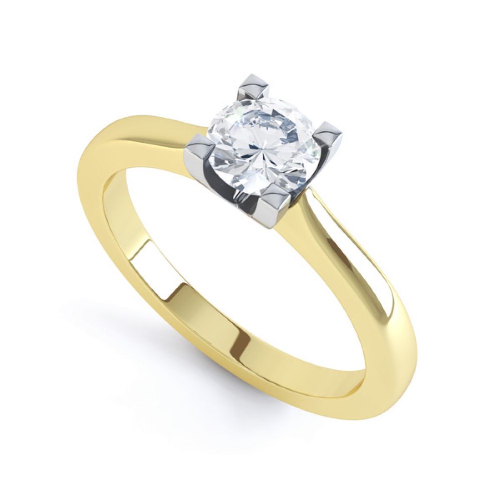 Squared 4 Claw Round Diamond Solitaire Ring In Yellow Gold