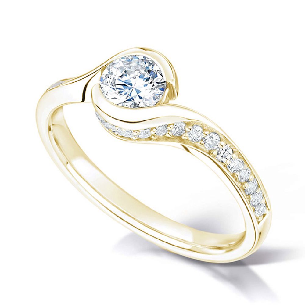 Bezel Set Twist Engagement Ring with Contoured Shoulders - Yellow Gold