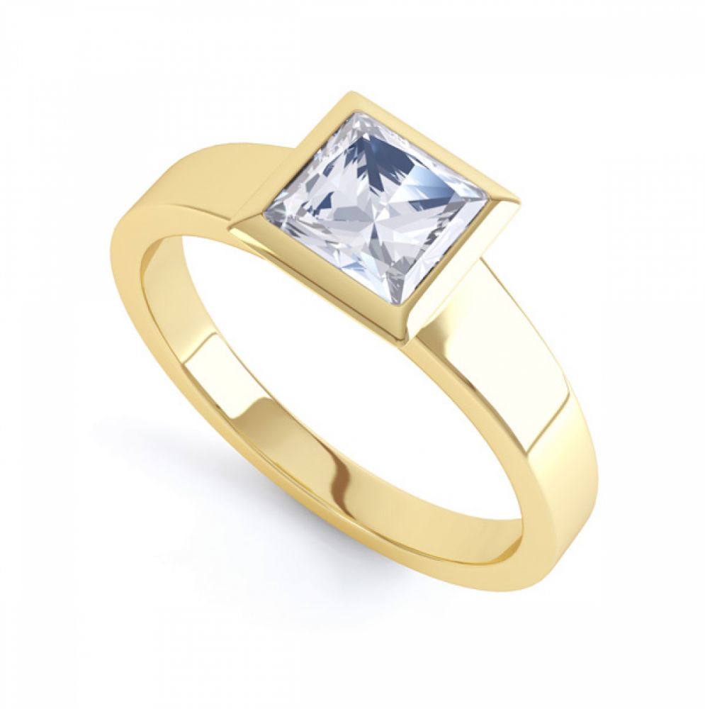 Ultramodern Fully Bezel Set Princess Diamond Ring Yellow Gold, Perspective