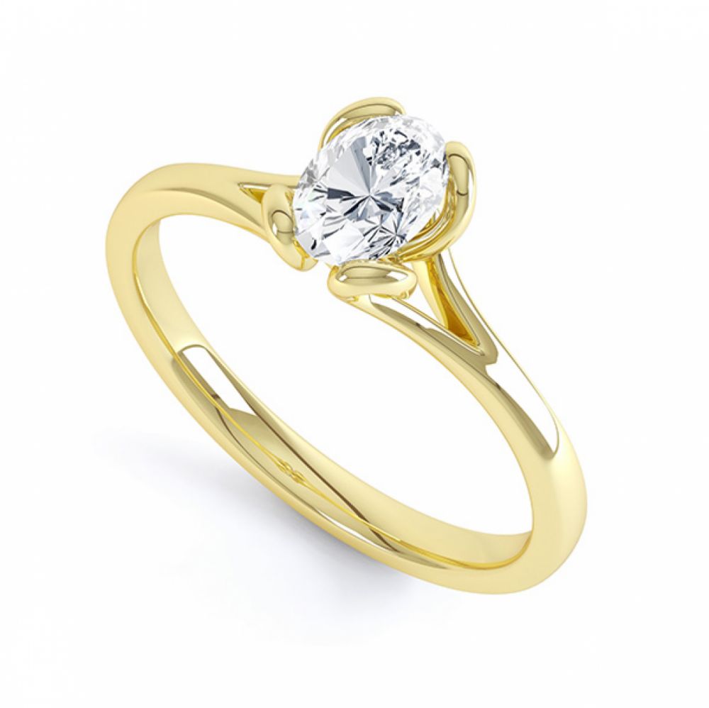 Oval Solitaire Ring with Looped 4 Claw Setting Perspective View Yellow Gold