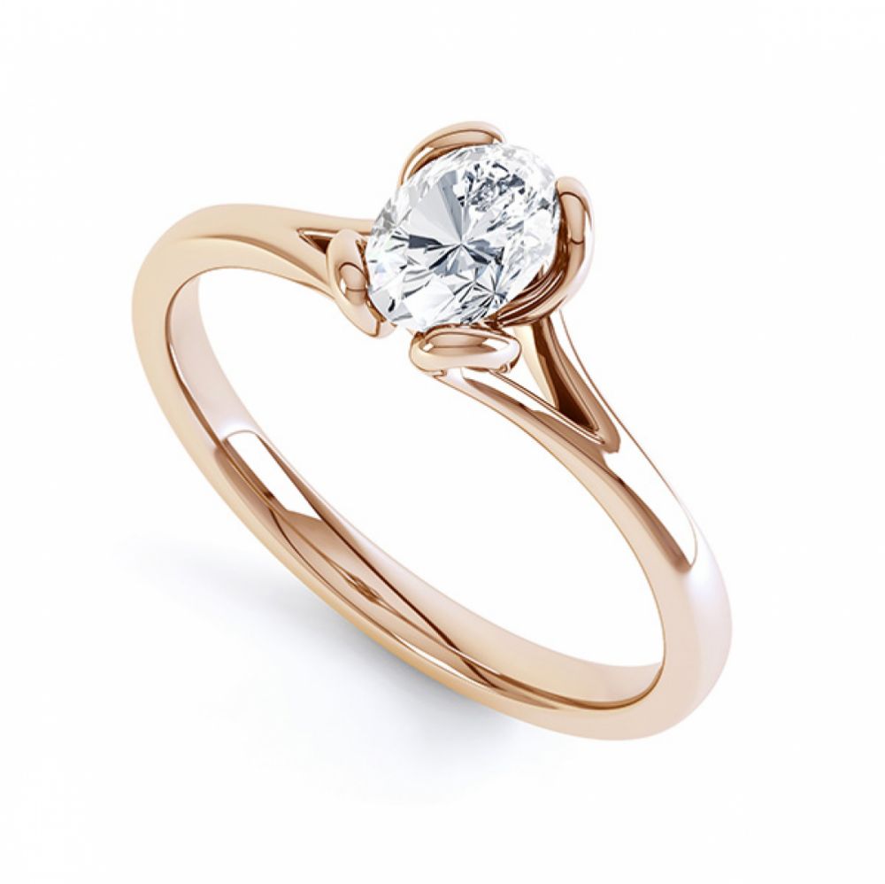 Oval Solitaire Ring with Looped 4 Claw Setting Perspective View Rose Gold Oval Solitaire Ring with Looped 4 Claw Setting Perspective View Rose Gold