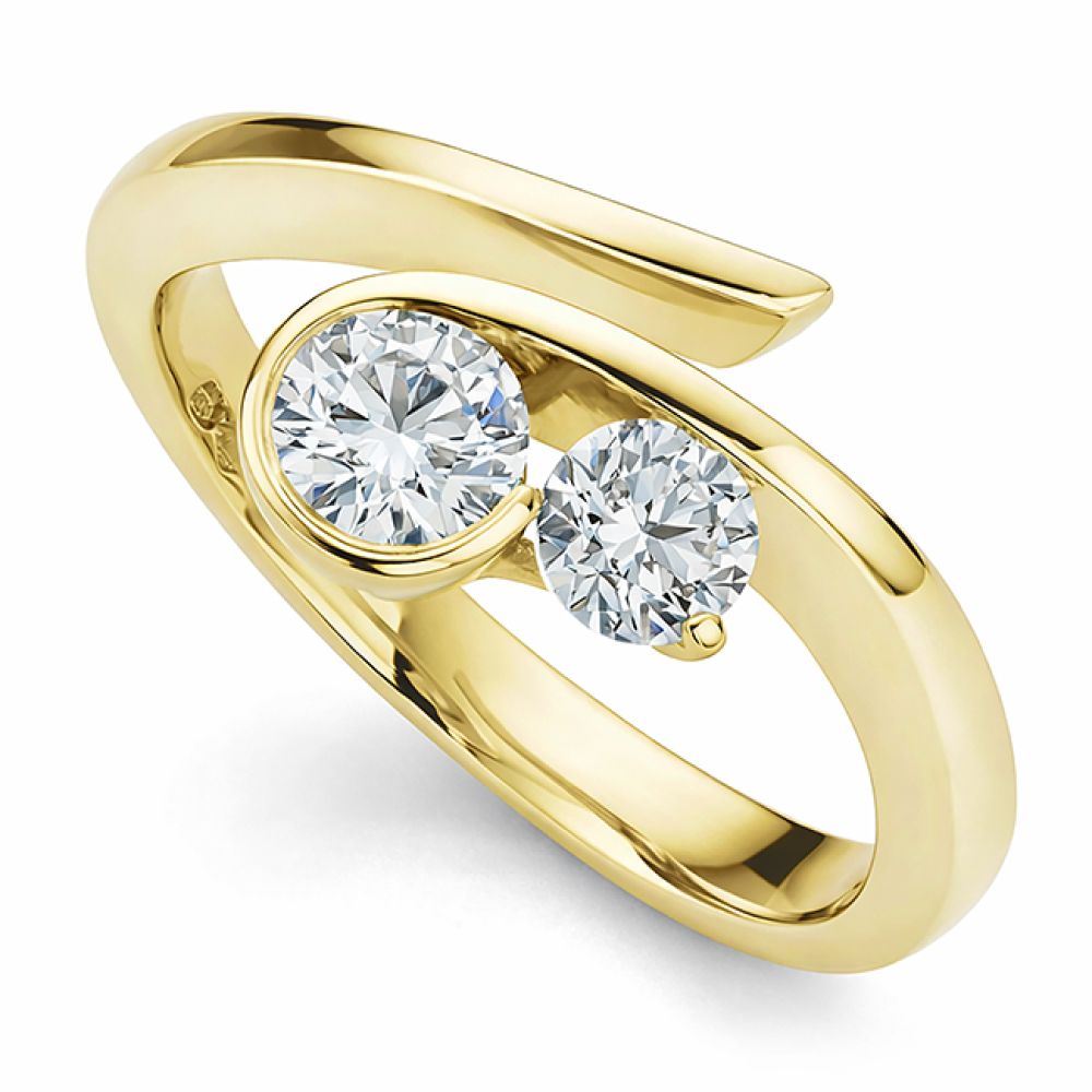 Unusual white gold 2 stone engagement ring in Yellow Gold