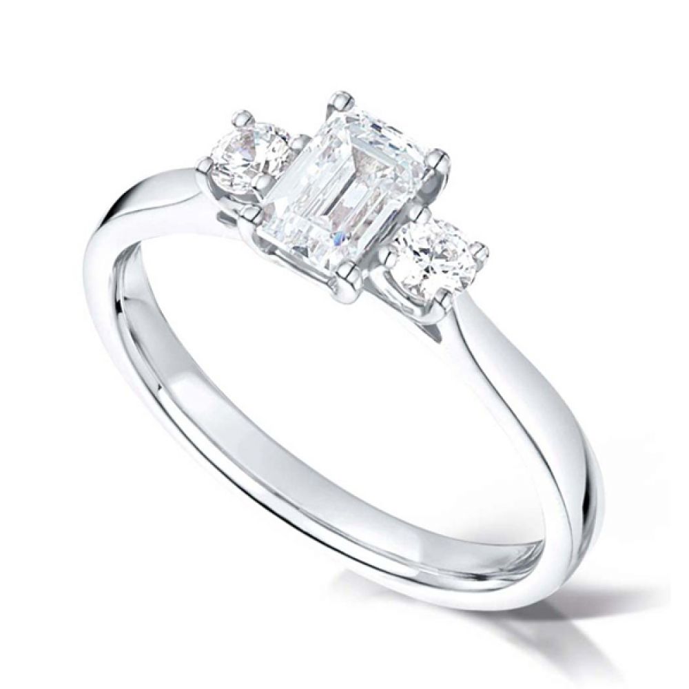 3 Stone Emerald Cut & Round Diamond Engagement Ring