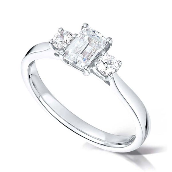 3 Stone Emerald Cut & Round Diamond Engagement Ring Main Image