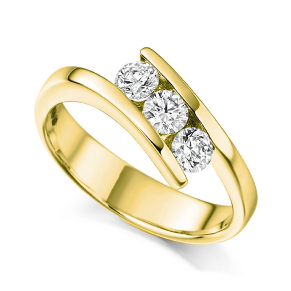 3 Stone Tension Set Round Diamond Ring In Yellow Gold