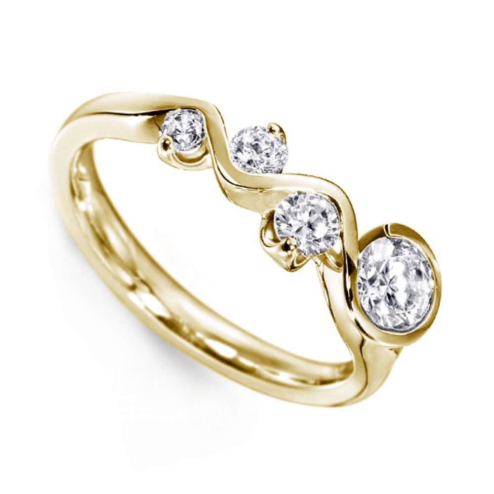 Wave Design 4 Stone Diamond Ring - Yellow Gold