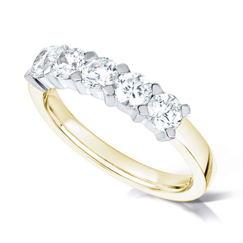 5 Stone Diamond Ring with Square Claw Setting Yellow Gold