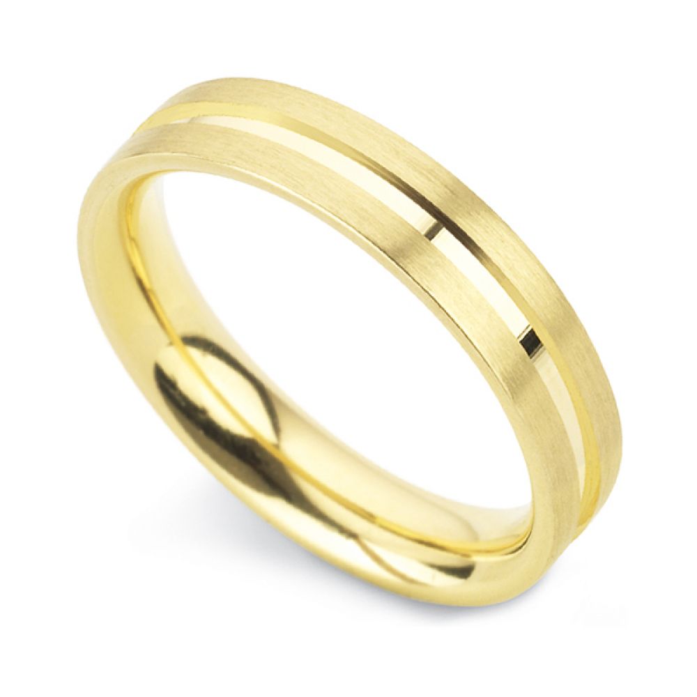 Patterned flat court wedding ring with line detail in yellow gold