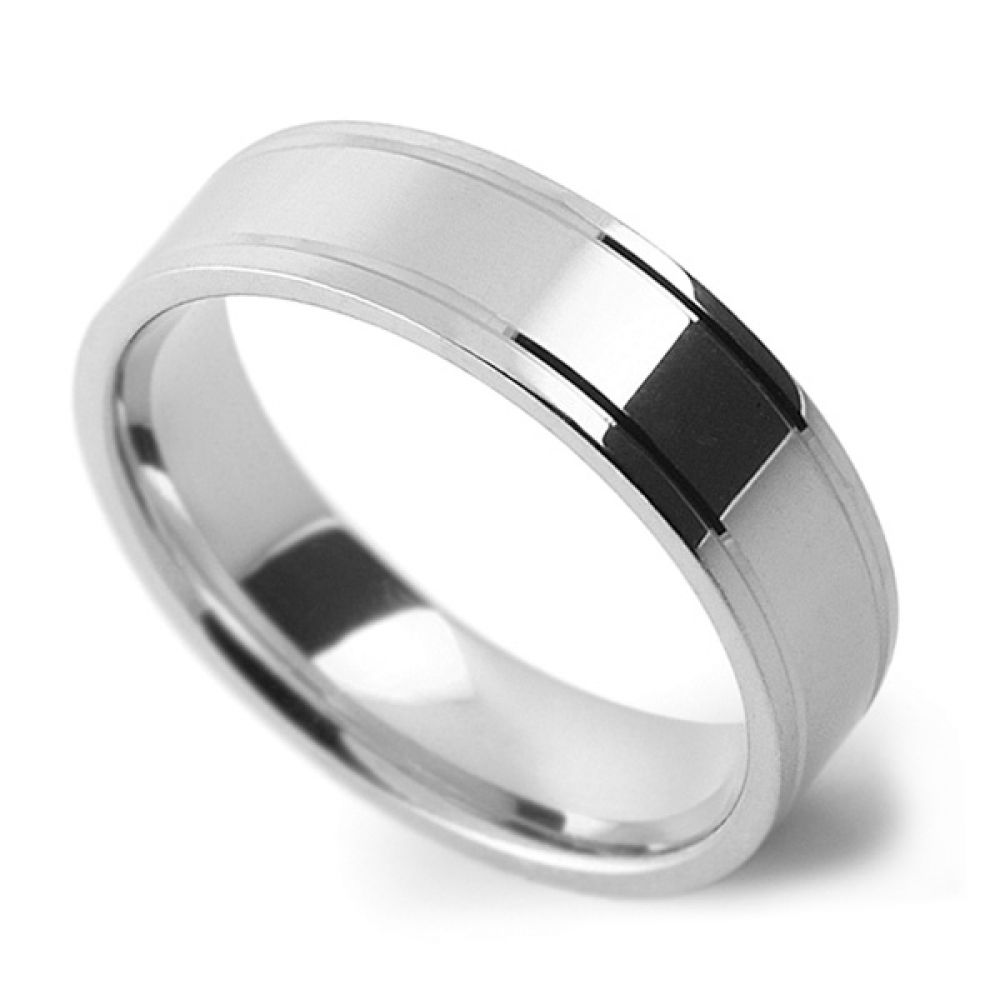 Men's Polished Patterned Flat Court Wedding Ring - Platinum