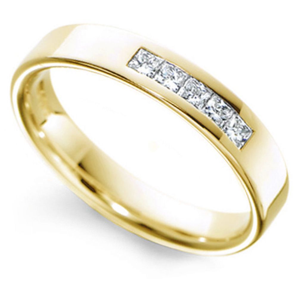 Channel Set 5 Stone Princess Diamond Wedding Ring In Yellow Gold