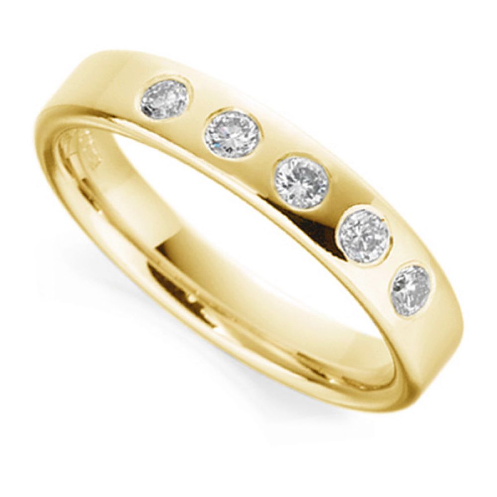 5 Stone Flush Set Flat Court Diamond Wedding Ring In Yellow Gold 5 Stone Flush Set Flat Court Diamond Wedding Ring In Yellow Gold