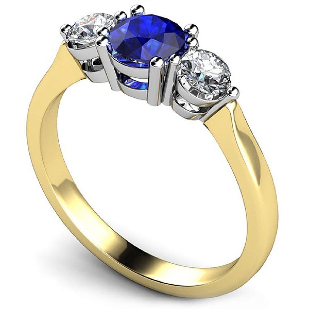 3 Stone Diamond & Sapphire Egagement Ring In Yellow Gold