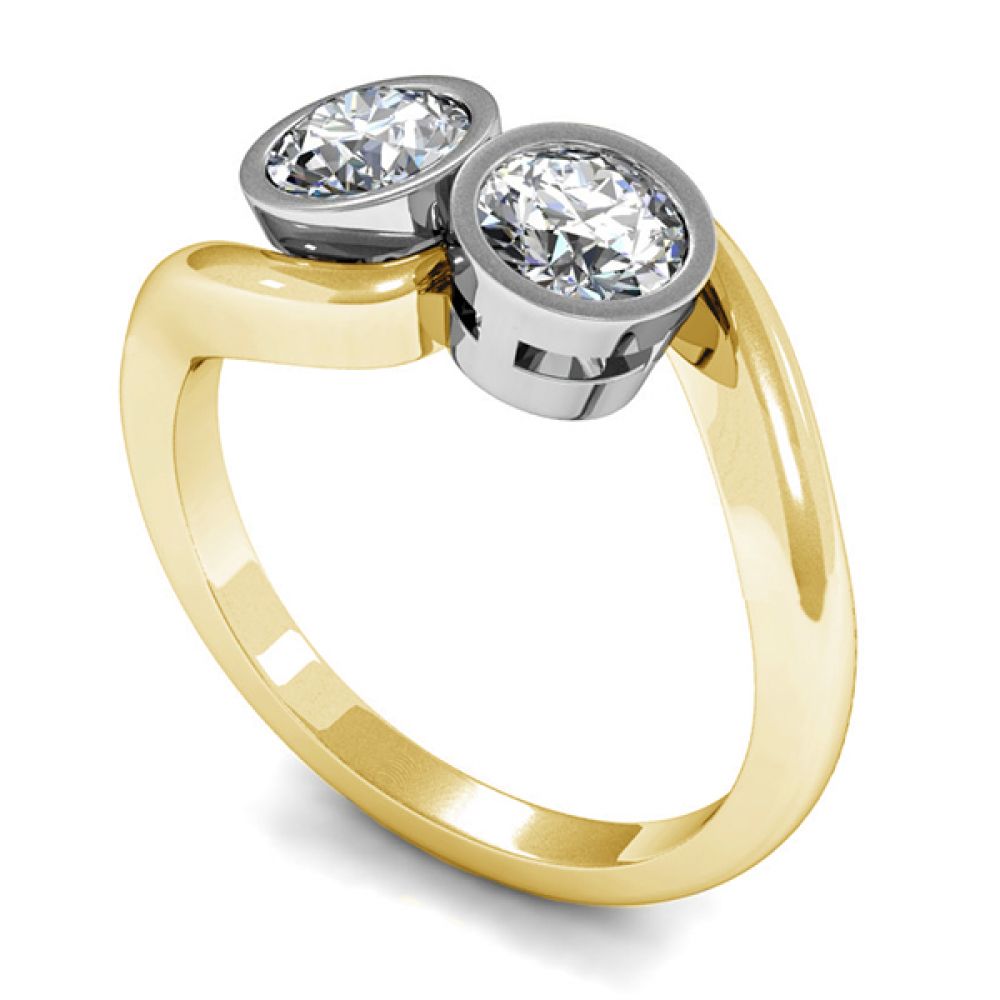 2 Stone Bezel Set Crossover Engagement Ring In Yellow Gold