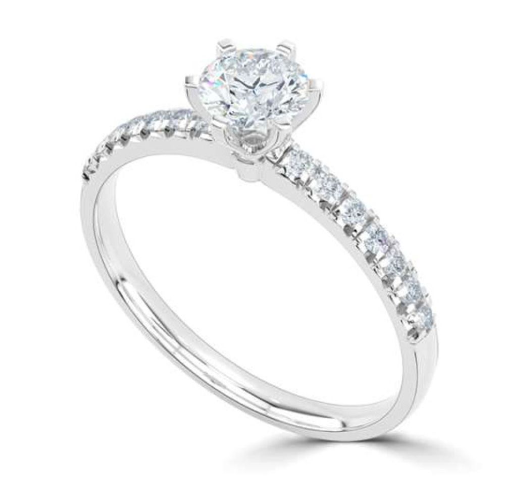Tiffany Style 6 Claw Solitaire Ring with Diamond Shoulders
