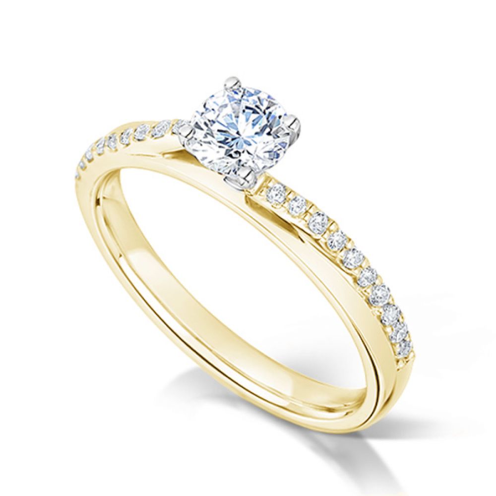 4 Claw Round Solitaire Offset Diamond Shoulders - Yellow Gold