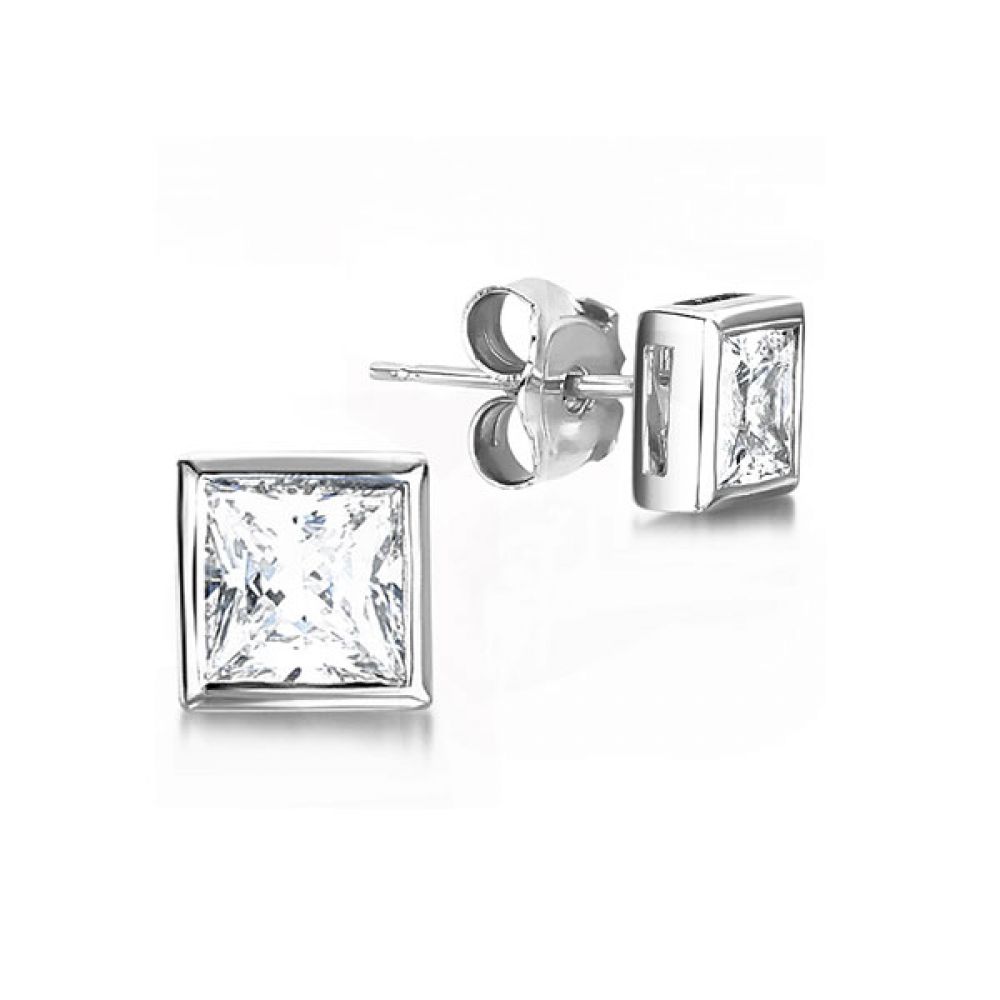 Fully Bezel Set Princess Diamond Stud Earrings