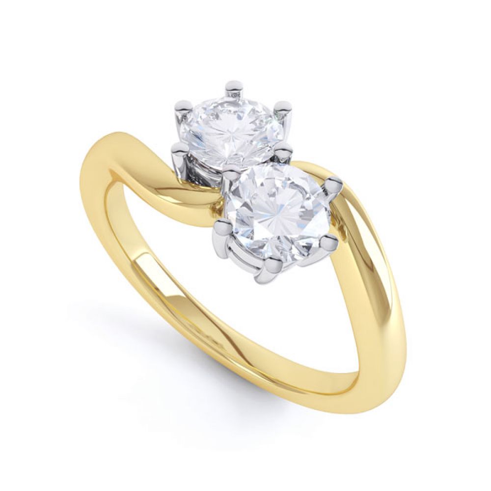 2 Stone Round Diamond Engagement Ring 6 Claw Setting In Yellow Gold