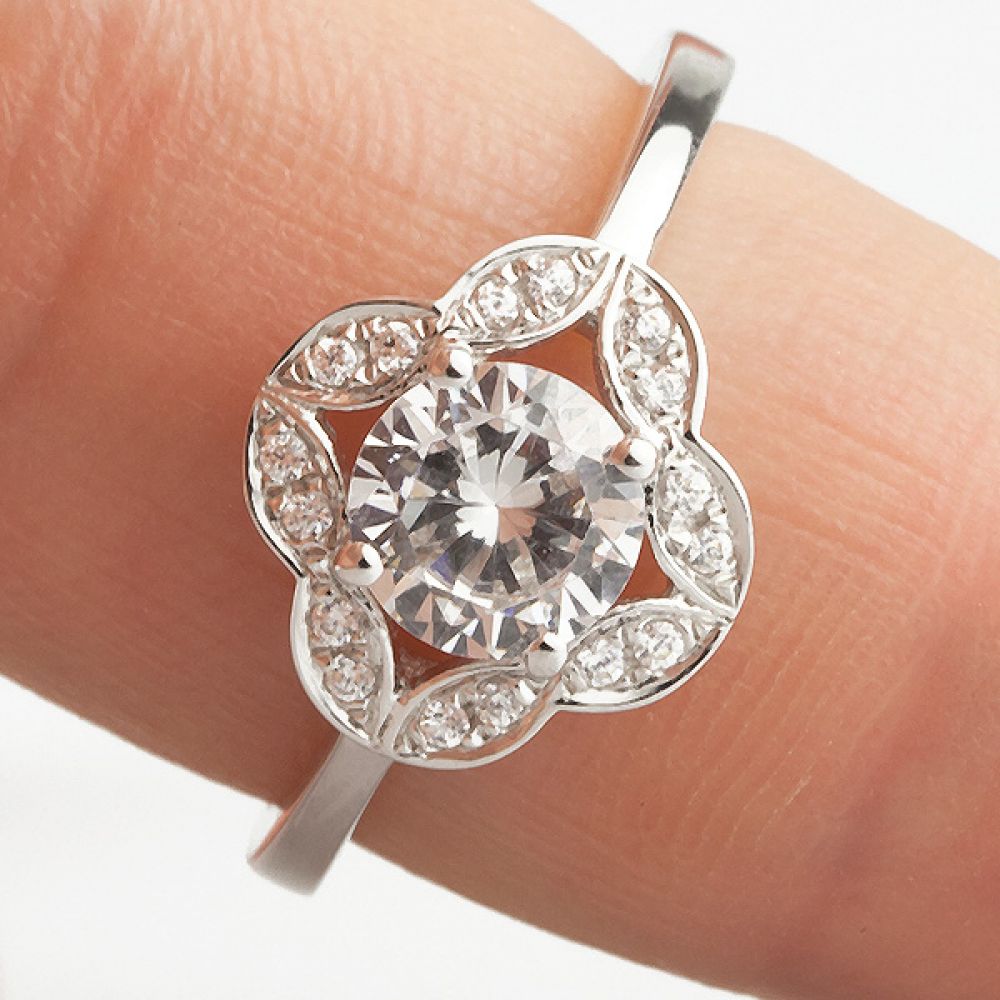 Edwardian Style Vintage Halo Engagement Ring Shown On Finger