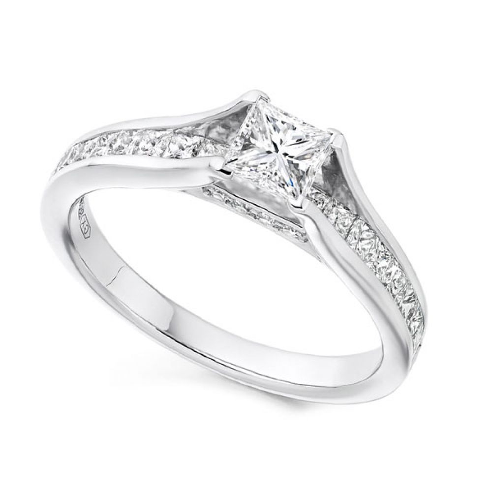 Unique Princess Cut Engagement Ring with Diamond Shoulders