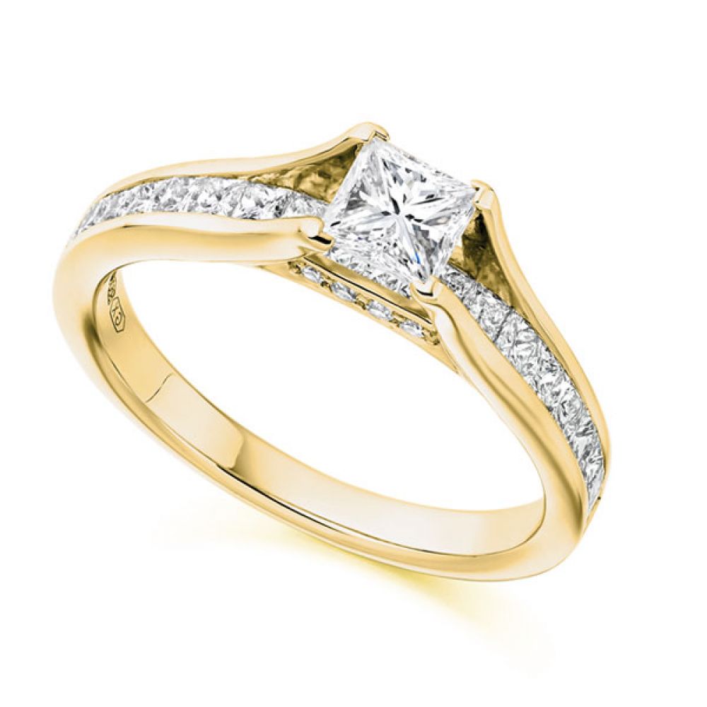 Unique Princess Cut Engagement Ring with Diamond Shoulders Full View Unique Princess Cut Engagement Ring with Diamond Shoulders Full View
