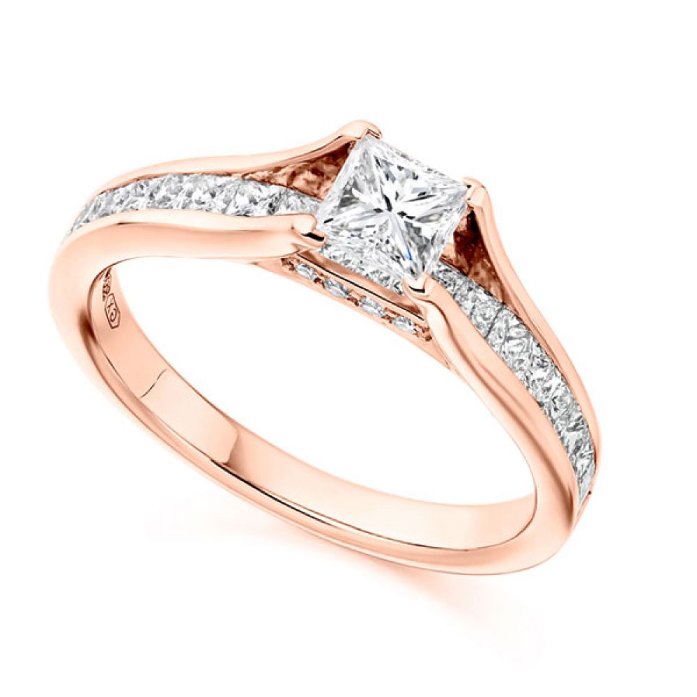 Unique Princess Cut Engagement Ring with Diamond Shoulders Shown On Finger