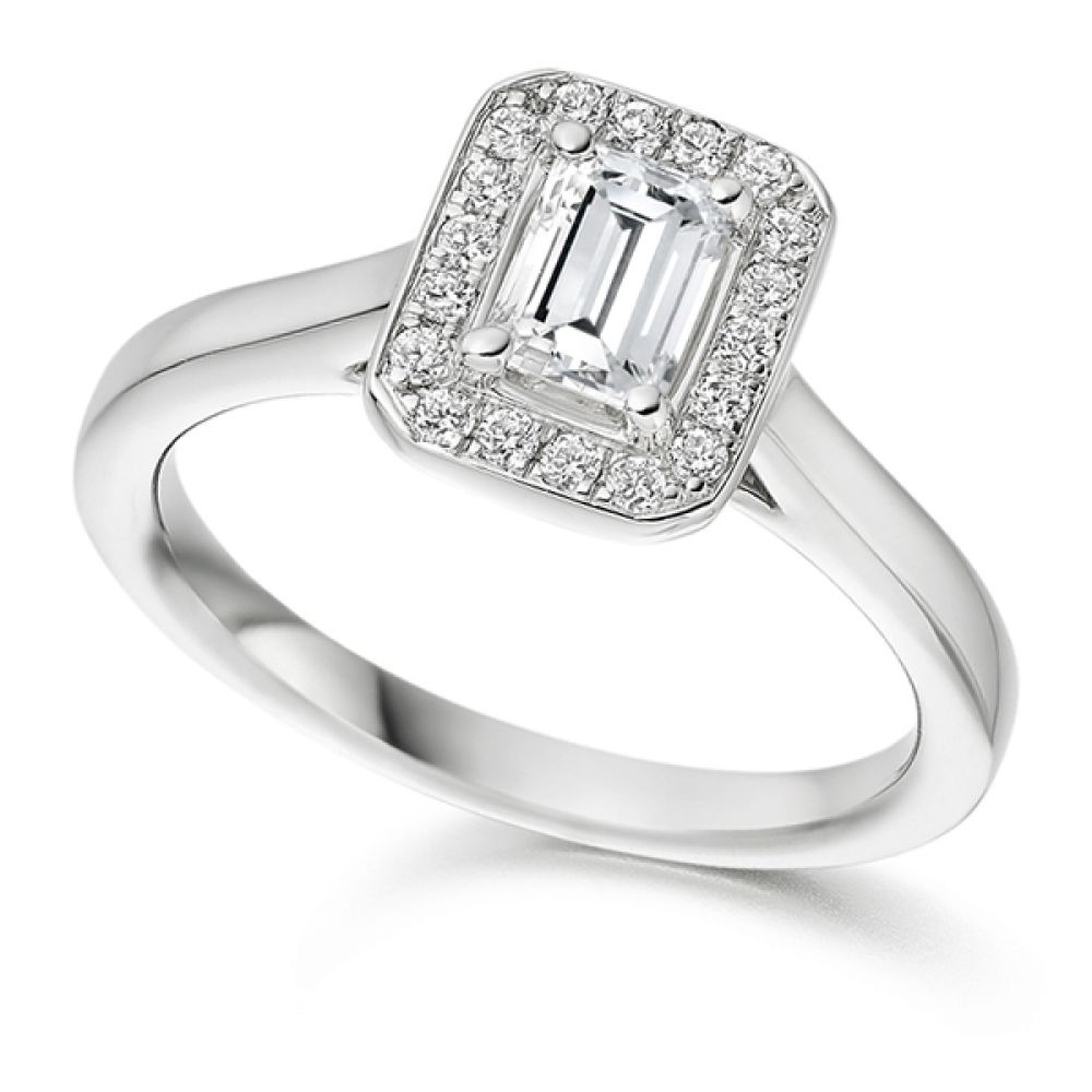 Grain Set Emerald Diamond Halo Ring - White Grain Set Emerald Diamond Halo Ring - White