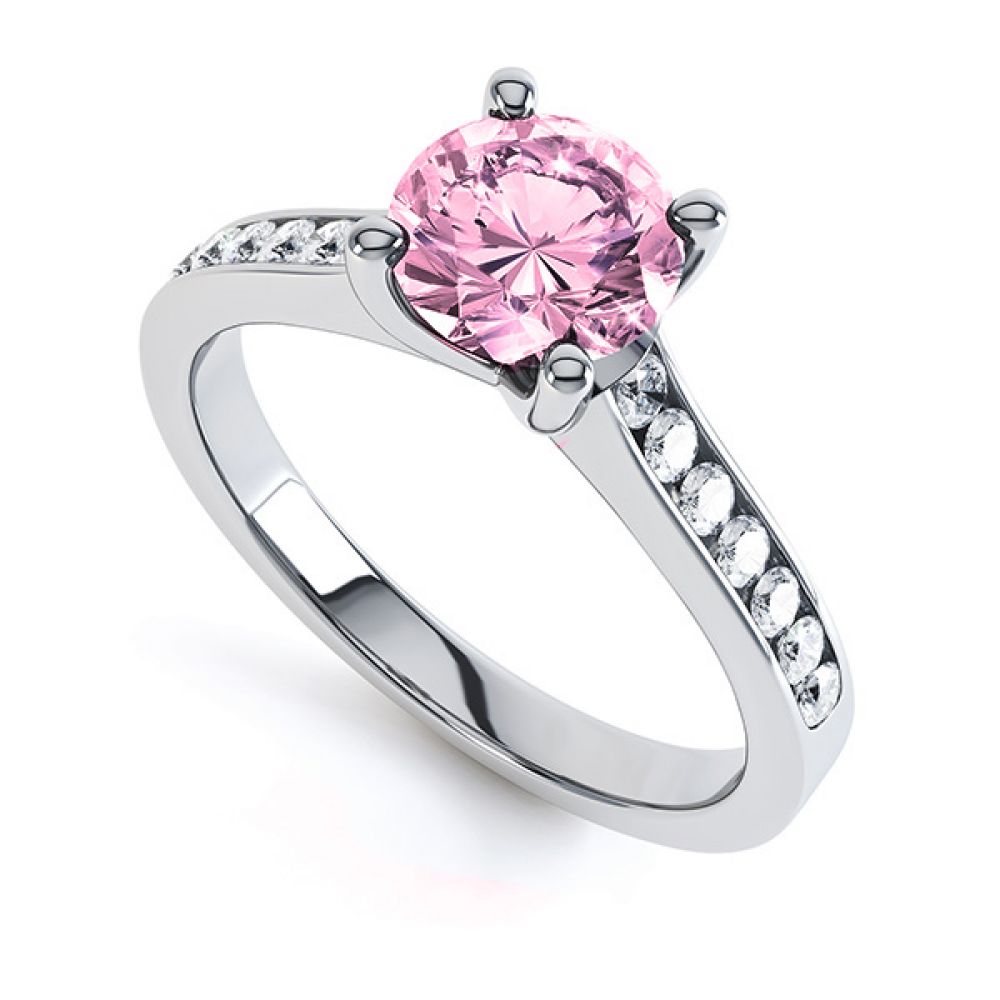 Round Pink Sapphire Solitaire Ring with Diamond Shoulders