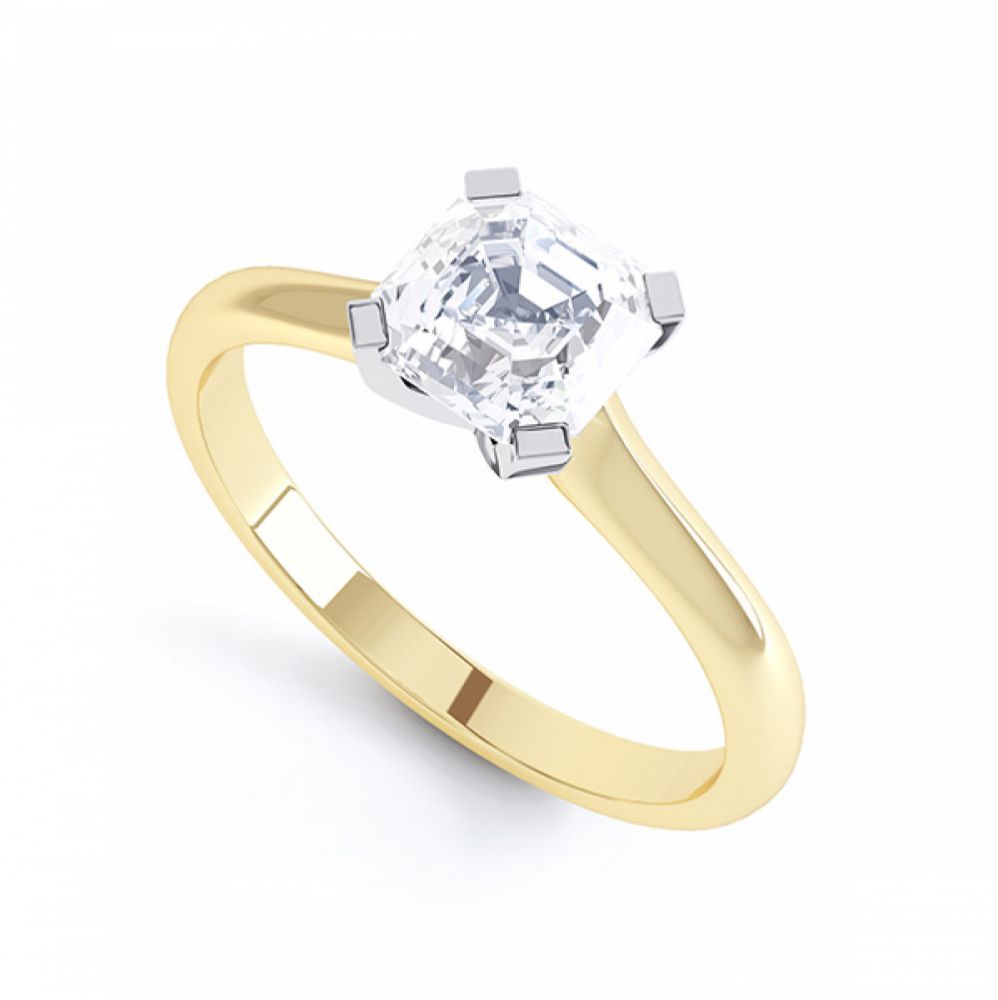 Asscher Diamond Solitaire Ring with 4 Square Claws In Yellow Gold