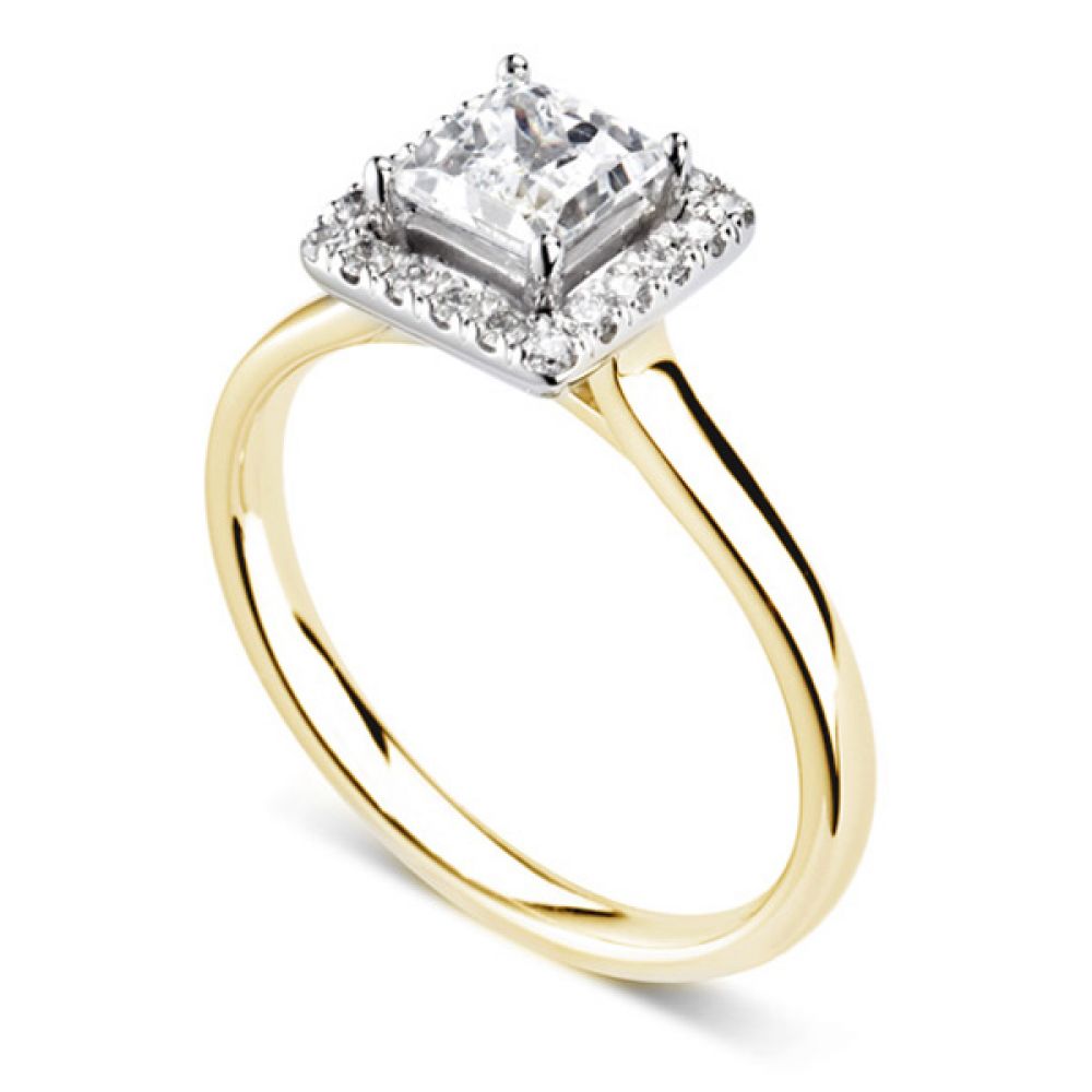 Square Princess Cut Diamond Halo Engagement Ring - Yellow Gold