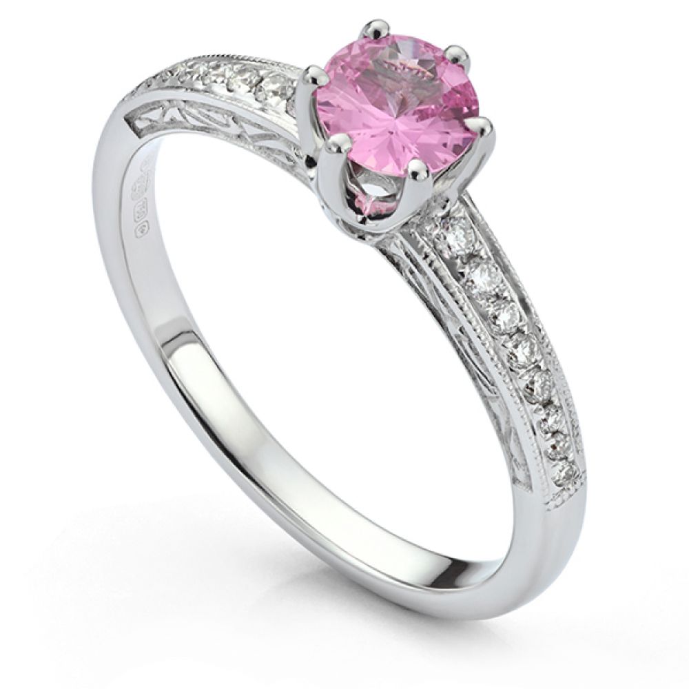 Vintage 6 Claw Diamond Engagement Ring with pink sapphire