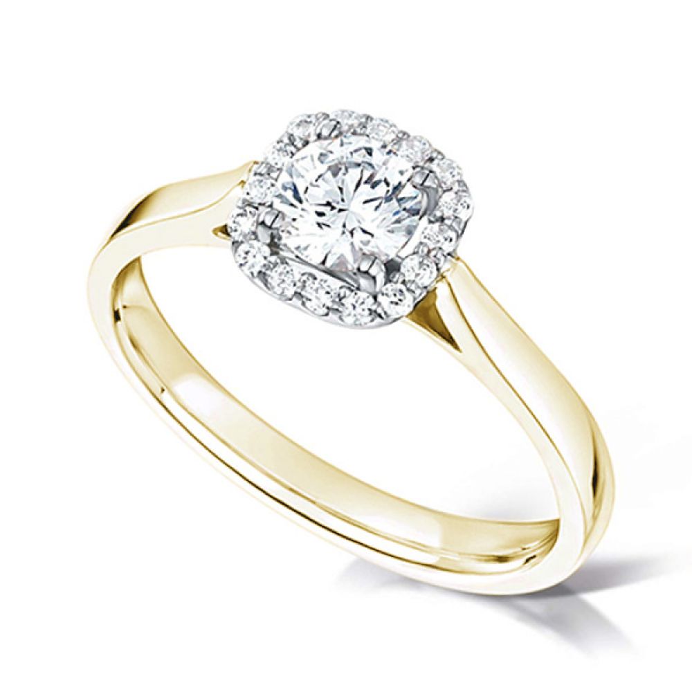 Round Brilliant Diamond Engagement Ring with Cushion Halo - Yellow Gold Round Brilliant Diamond Engagement Ring with Cushion Halo - Yellow Gold