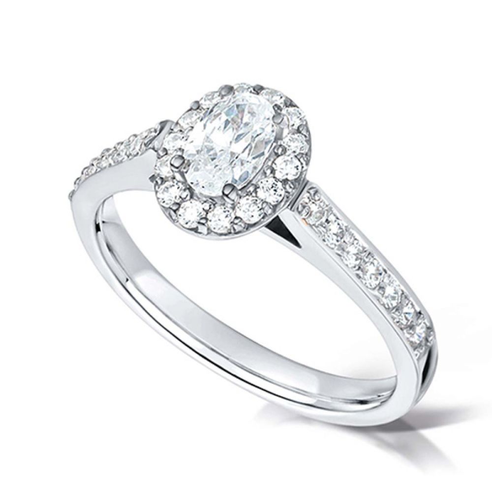 Oval Diamond Halo Engagement Ring - Diamond Shoulders - Platinum