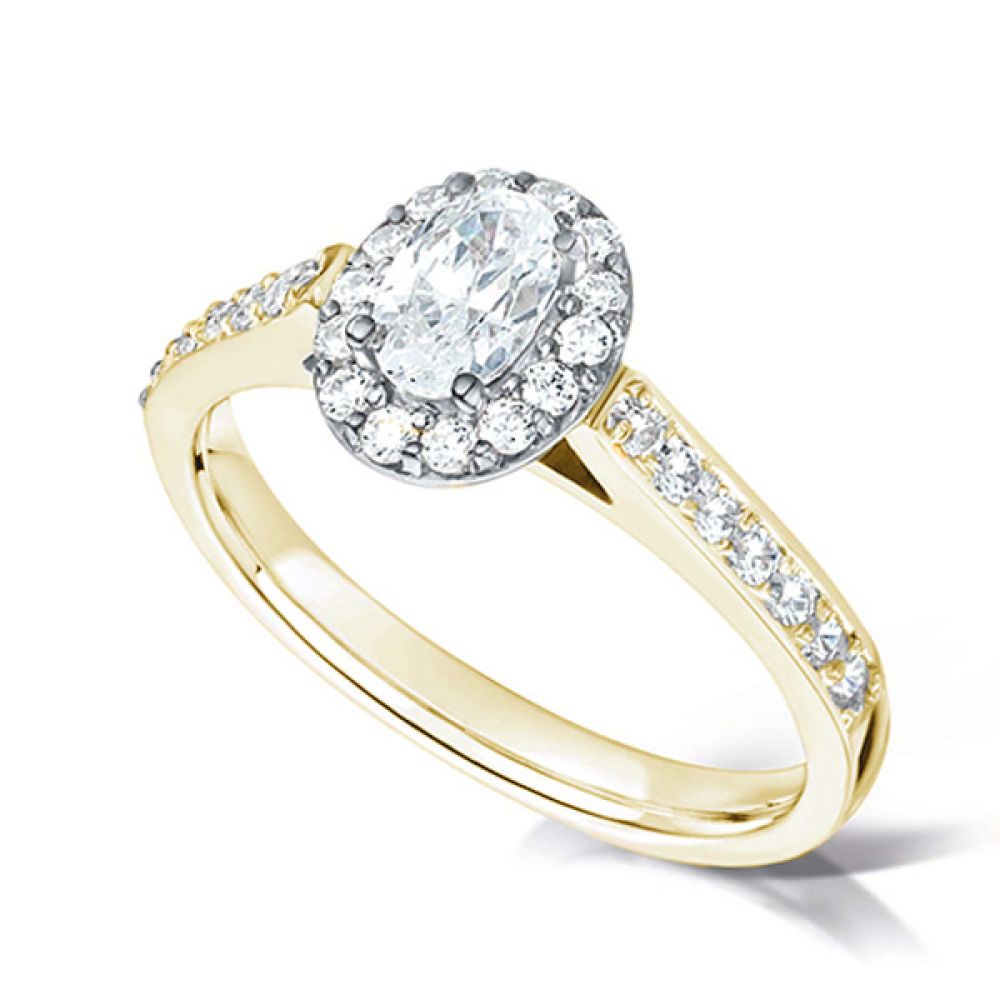 Oval Diamond Halo Engagement Ring - Diamond Shoulders - Yellow Gold