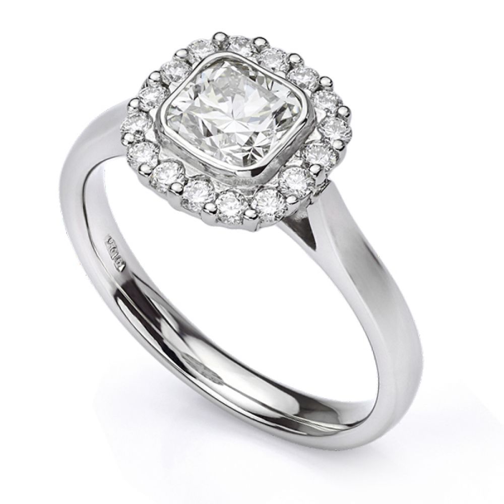 Bezel Set Cushion Diamond Halo Engagement Ring