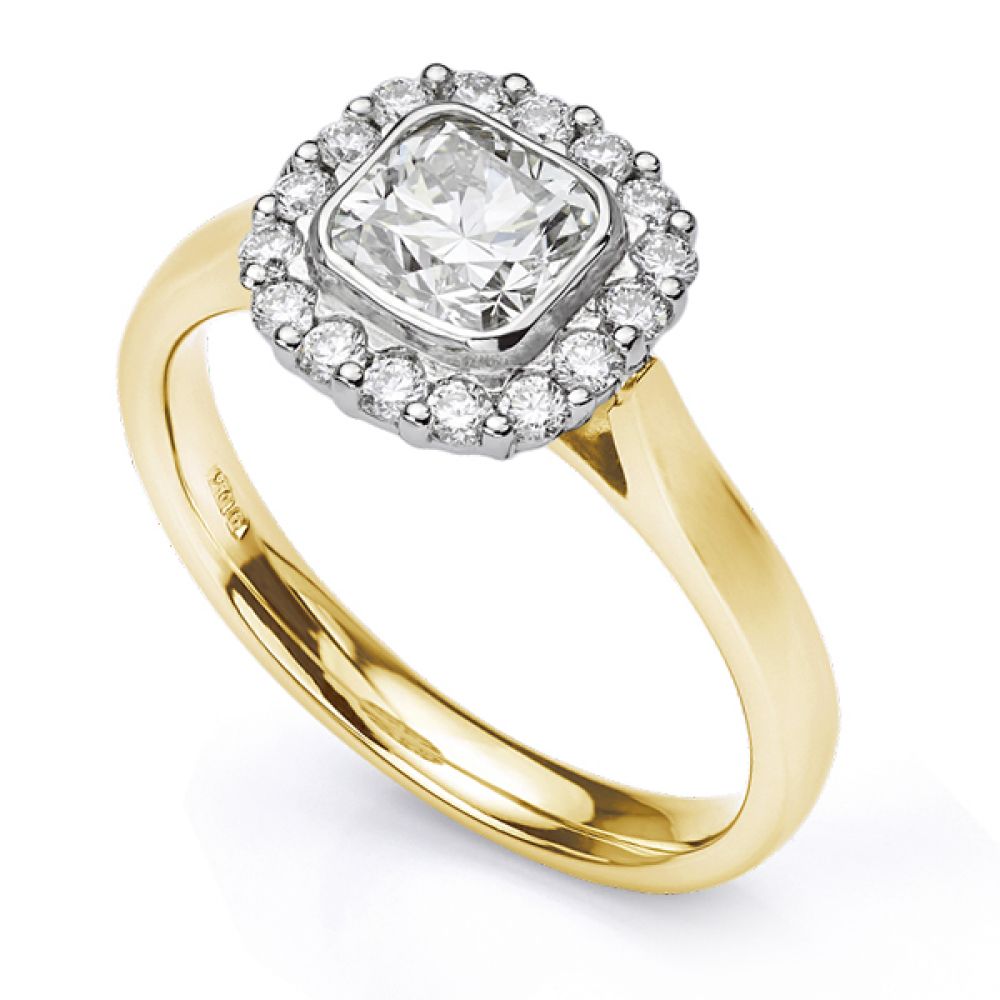 Eclipse Cushion cut halo engagement ring in Yellow Gold