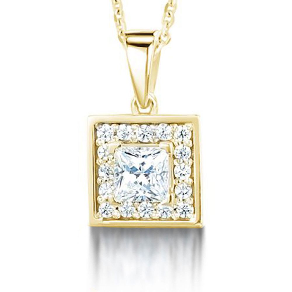 Square Princess Cut Diamond Halo Pendant In Yellow Gold Square Princess Cut Diamond Halo Pendant In Yellow Gold